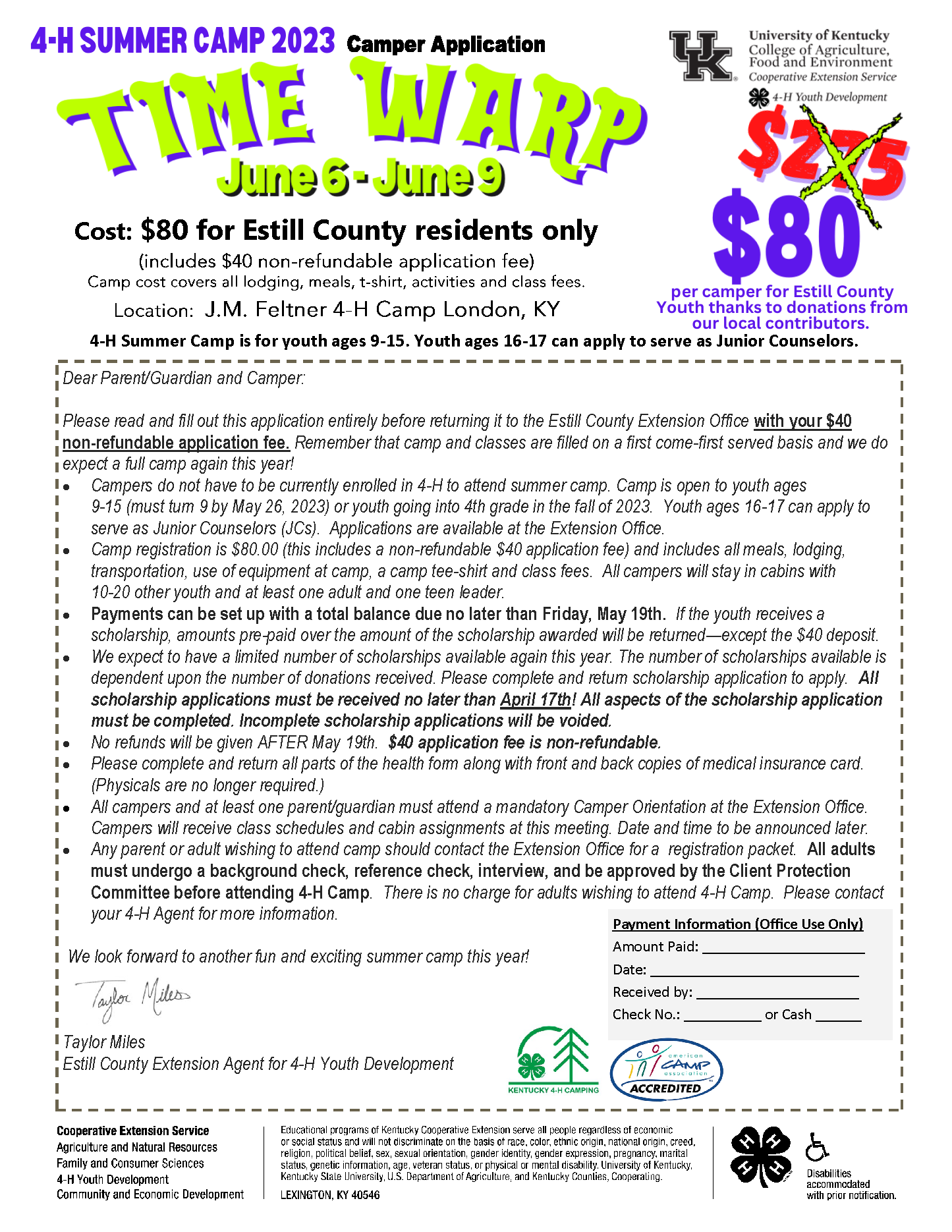 Information on 4-H Summer Camp for Estill County Youth 