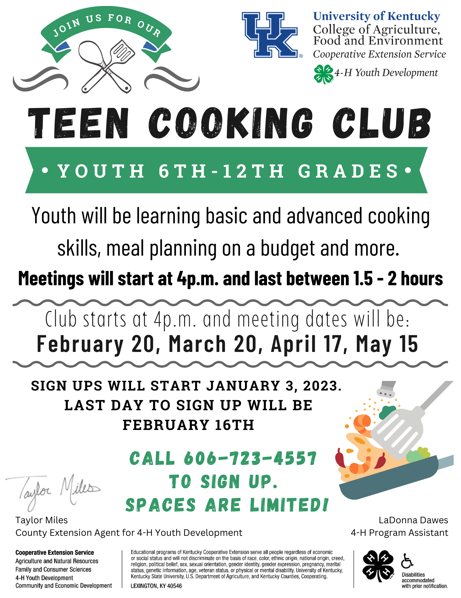 Estill County 4-H Teen Cooking Club information flyer