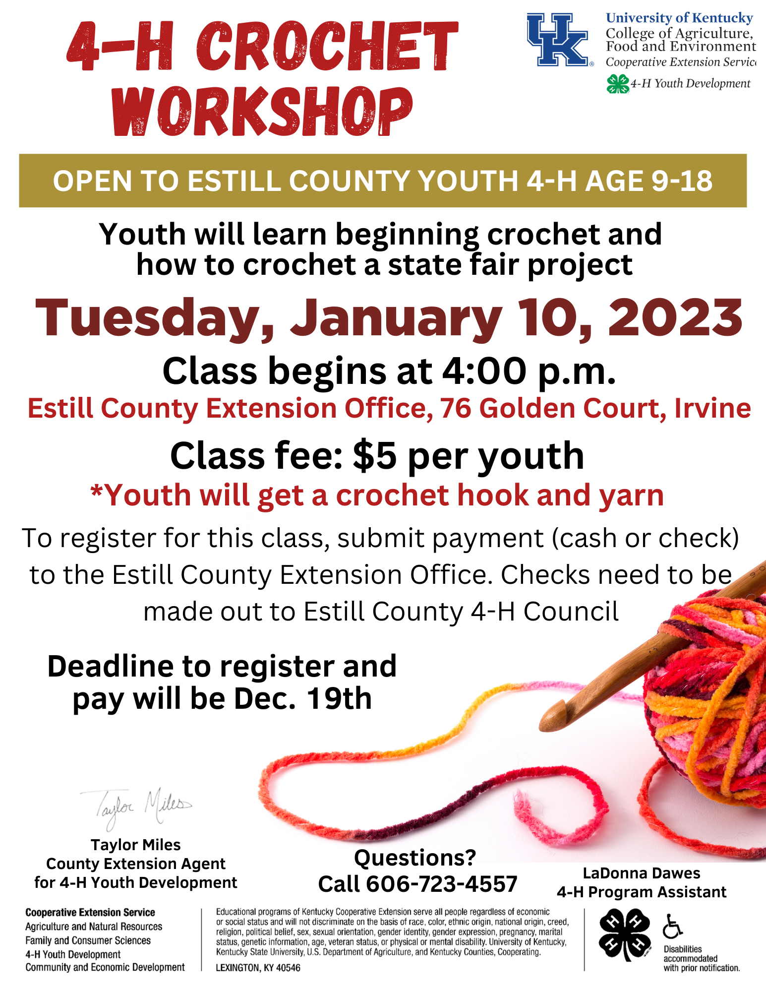 4-H Youth Crochet Workshop, Tuesday, January 10, 2023 