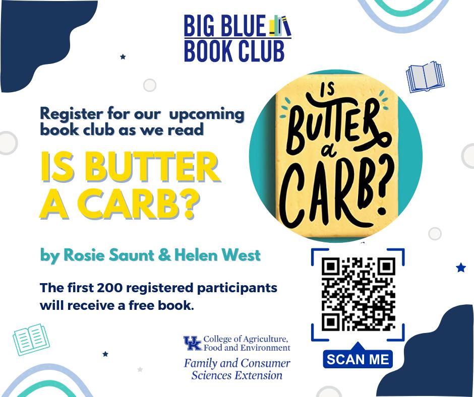 Big Blue Book Club Flyer with details on the March series with book "Is Butter a Carb?"
