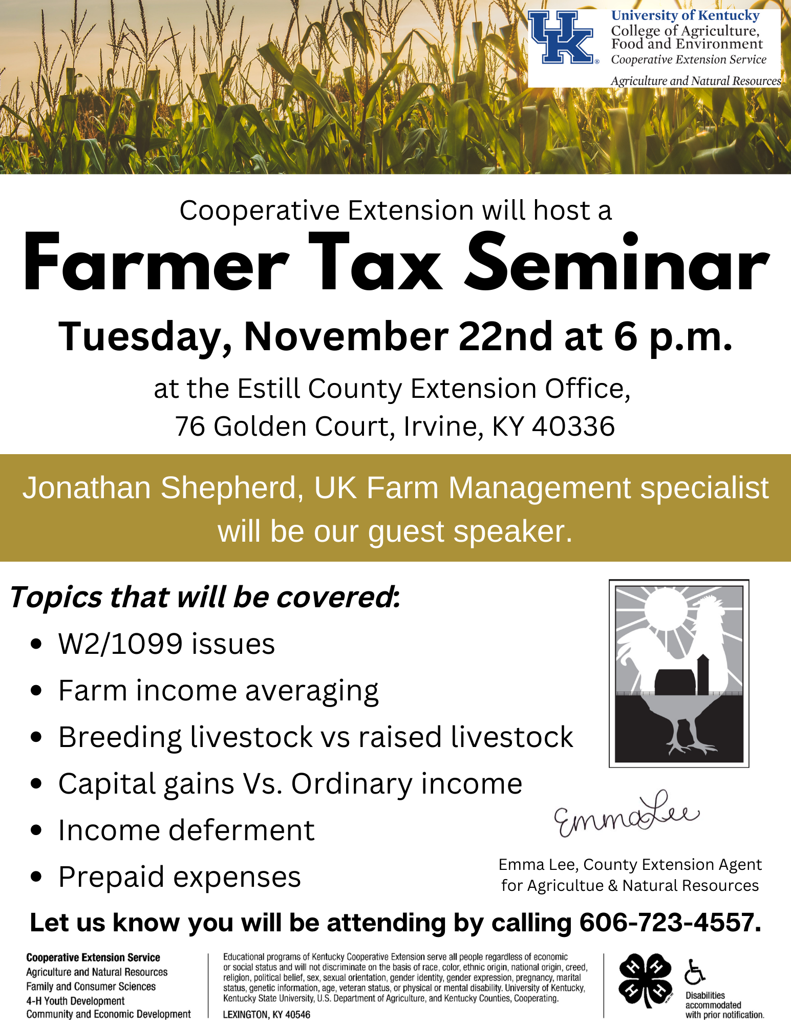 Farmer Tax Seminar Flyer for November 22 event 