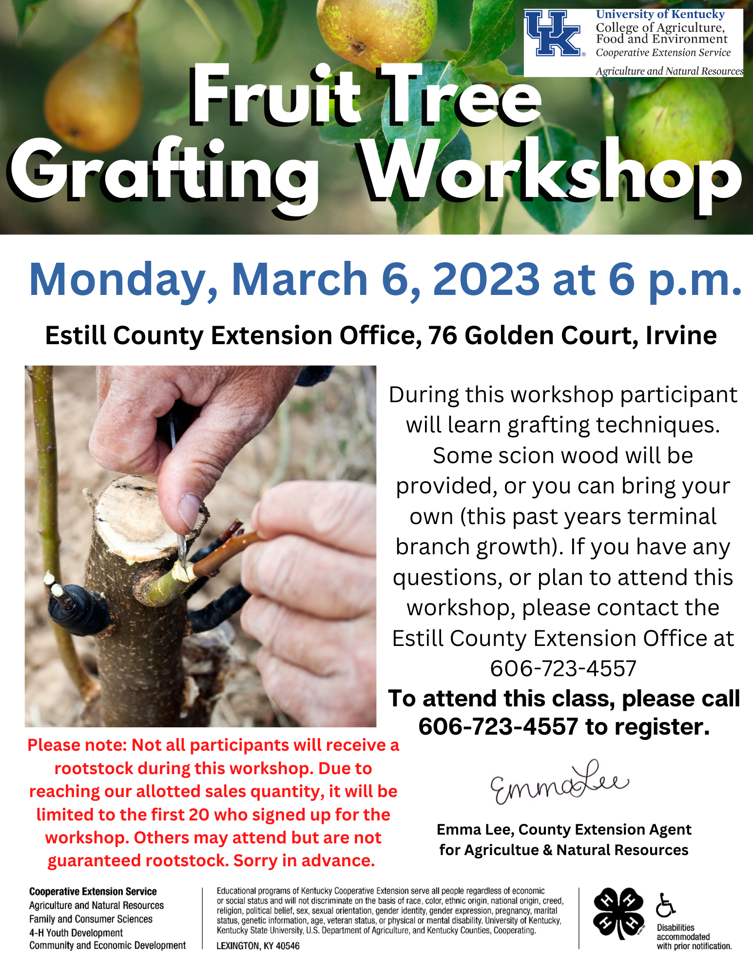 March 6 Fruit Tree Grafting Workshop flyer