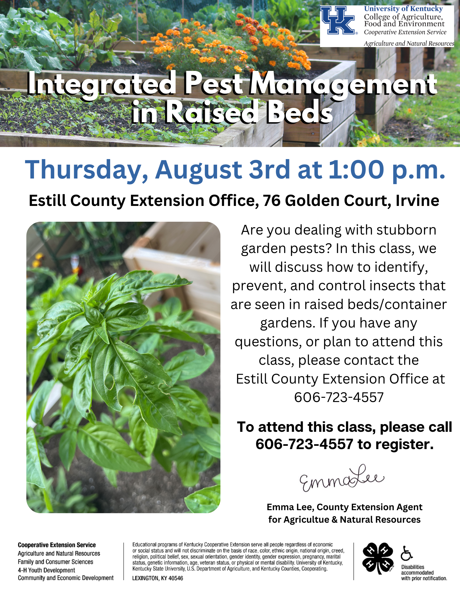 Integrated Pest Management in Raised Beds upcoming meeting on August 3 at 1 p.m.