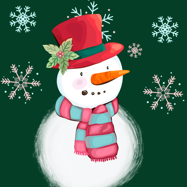Image of a snowman with snowflakes in background