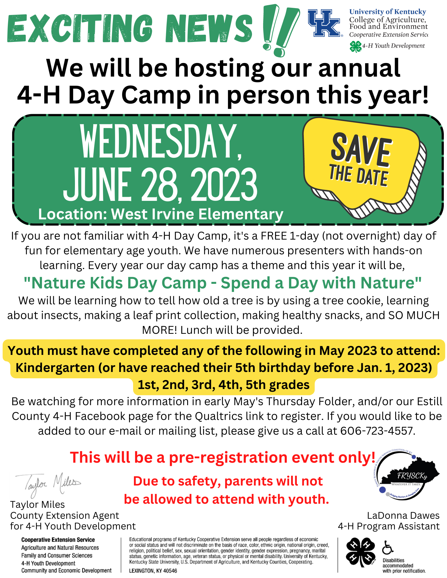 4-H Day Camp informational save the date flyer