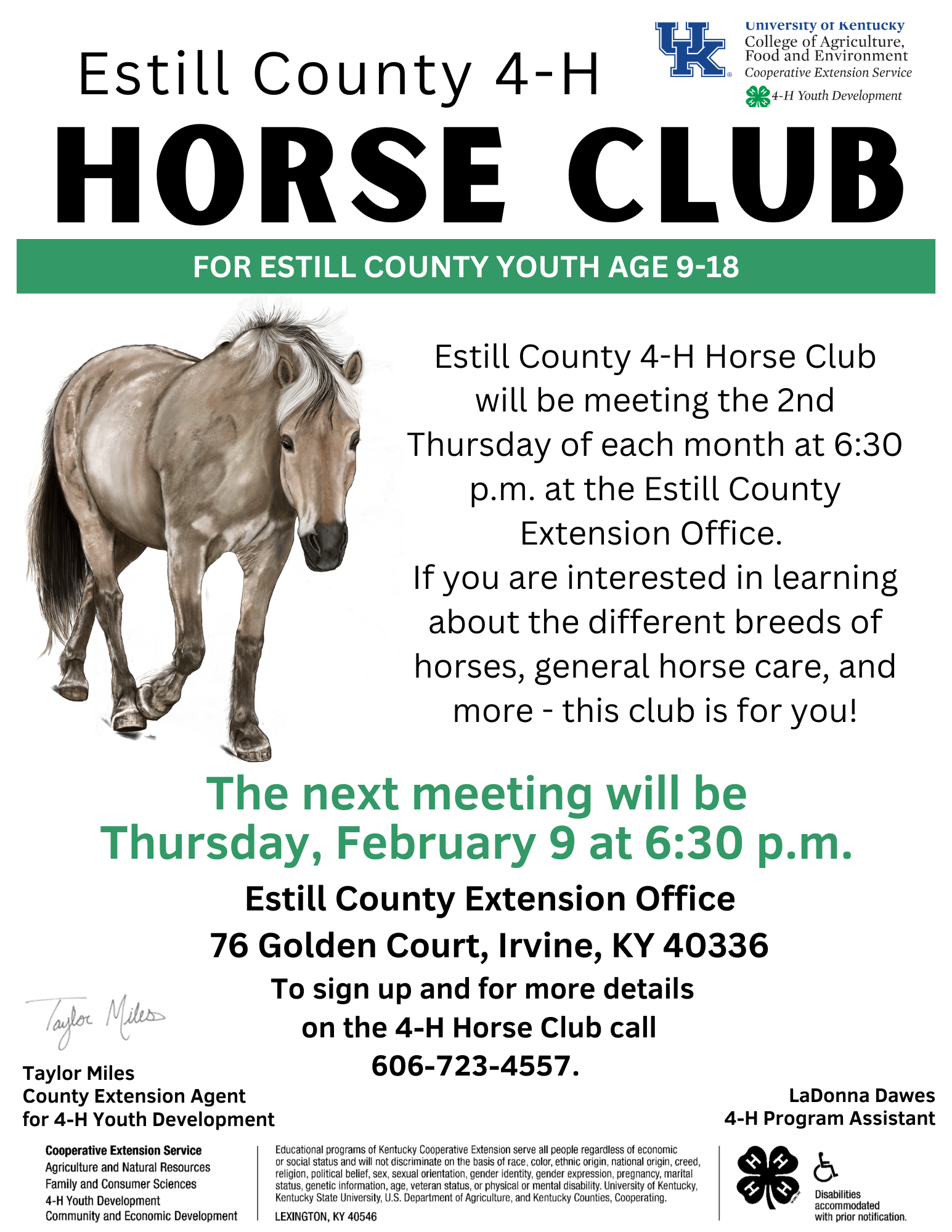 4-H Horse Club Interest flyer for upcoming February meeting