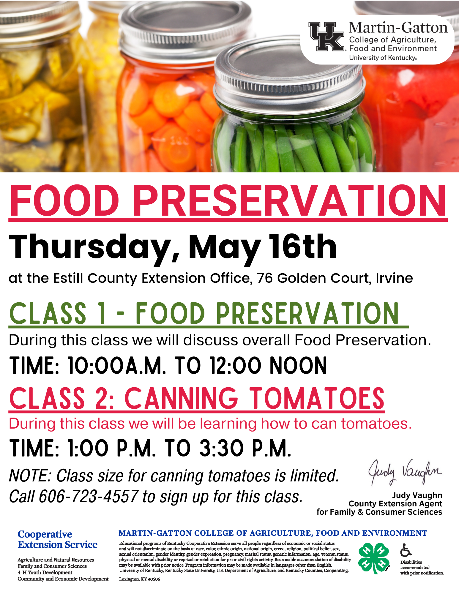 Food Preservation May Classes Flyer