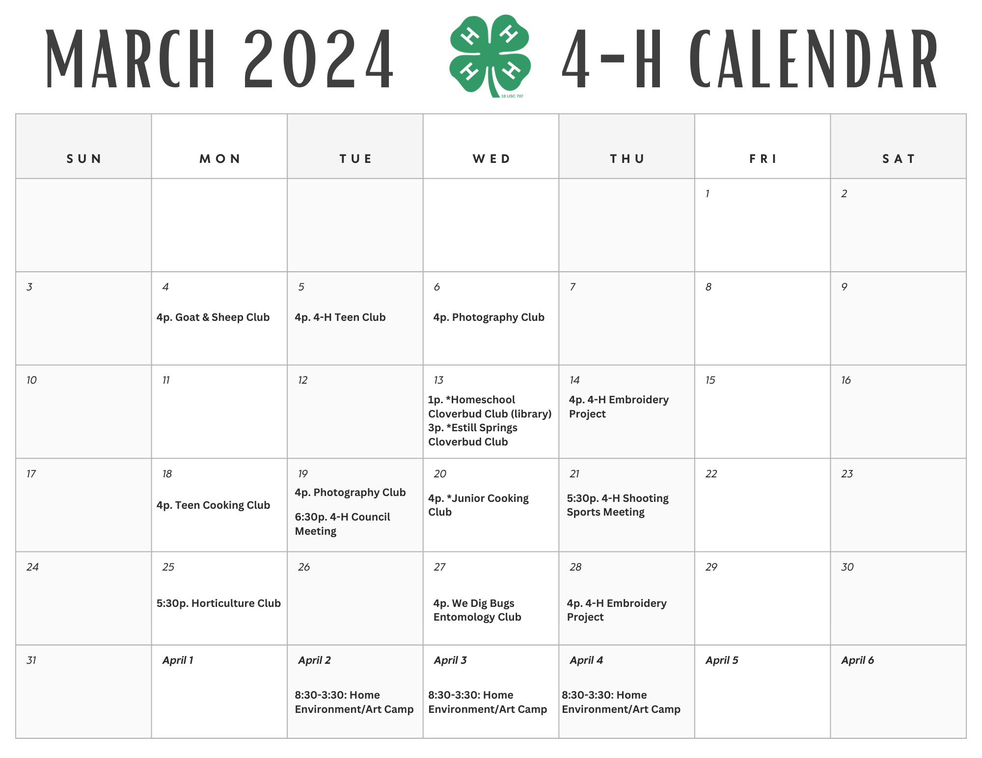 March 4-H Calendar