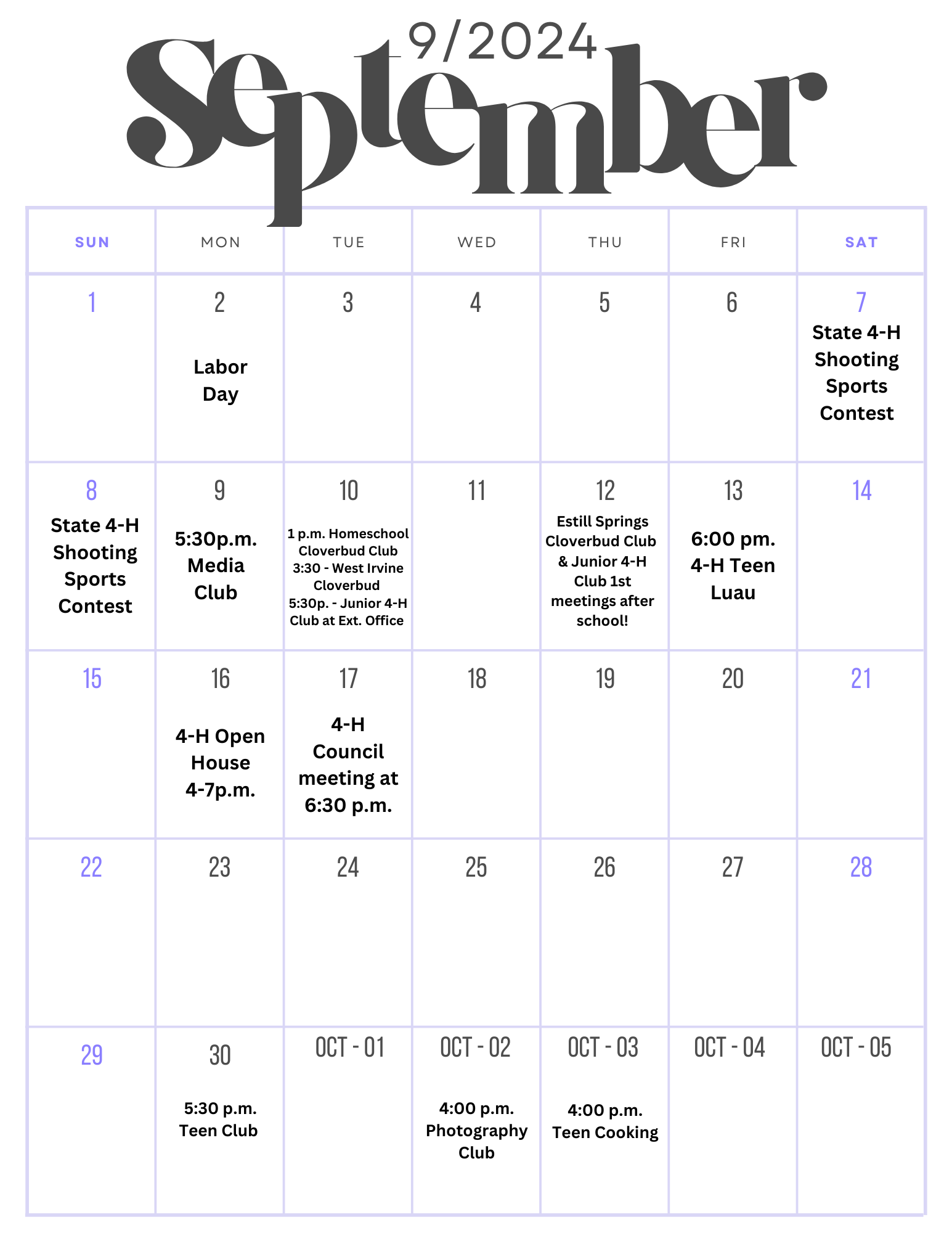 September 2024 4-H Activity Calendar