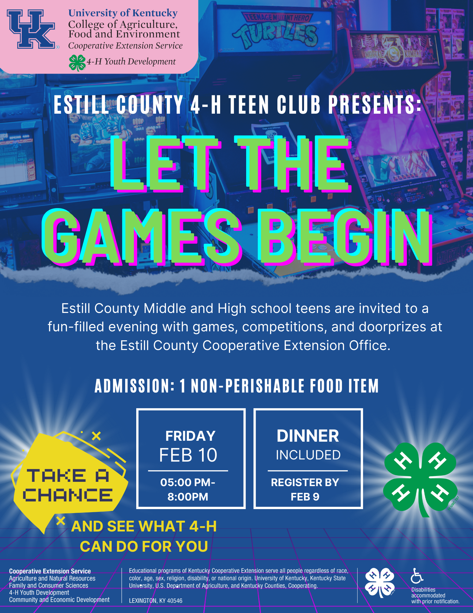 4-H Teen Club Let the Games Begin Feb 10 game night flyer