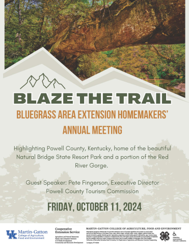 Flyer detailing the Bluegrass Area Extension Homemaker Annual Meeting October 11, 2024 in Powell County, Kentucky